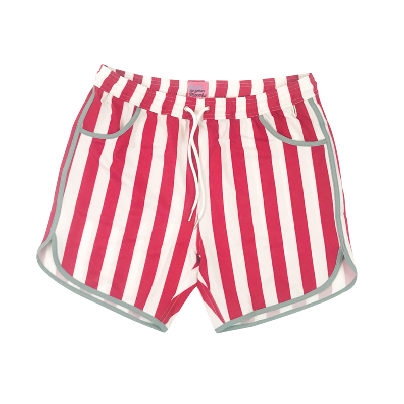 Red White Grey Gameday tailgate shorts from recycled bottles