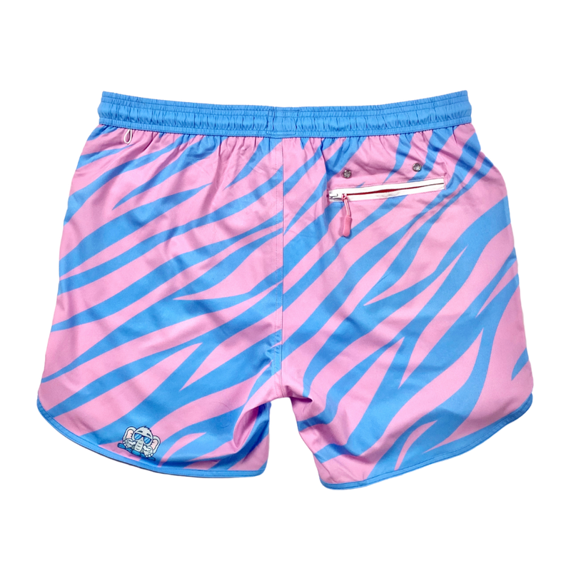 Frooty Stripe Cotton Candy Blue and Pink Tiger Stripes Zebra Striped swim trunks Junk in your Trunks Made From Recycling Junk In Your Trunks